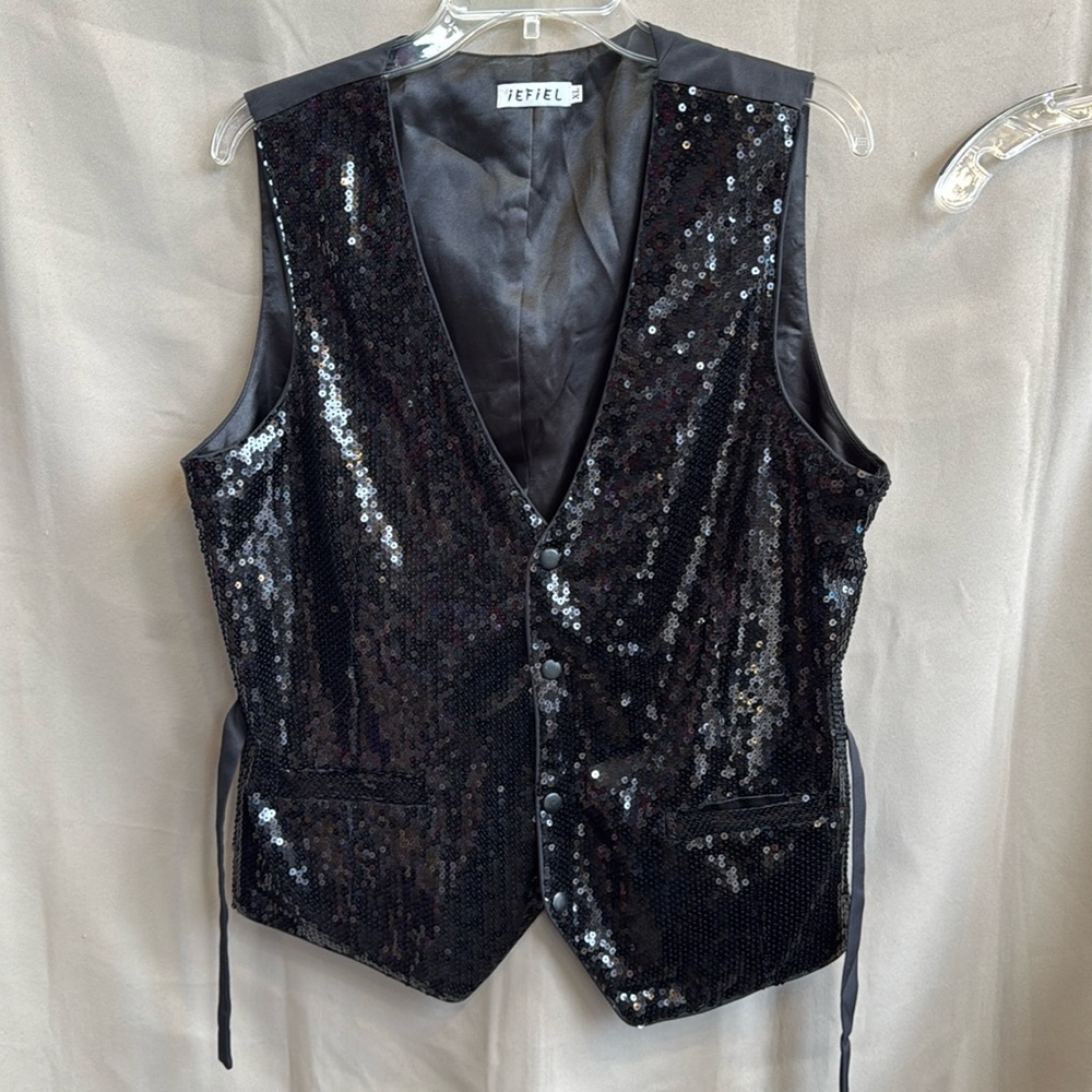 iEFIEL Black Sequin Tailored Vest Sleeveless Party Formal XL